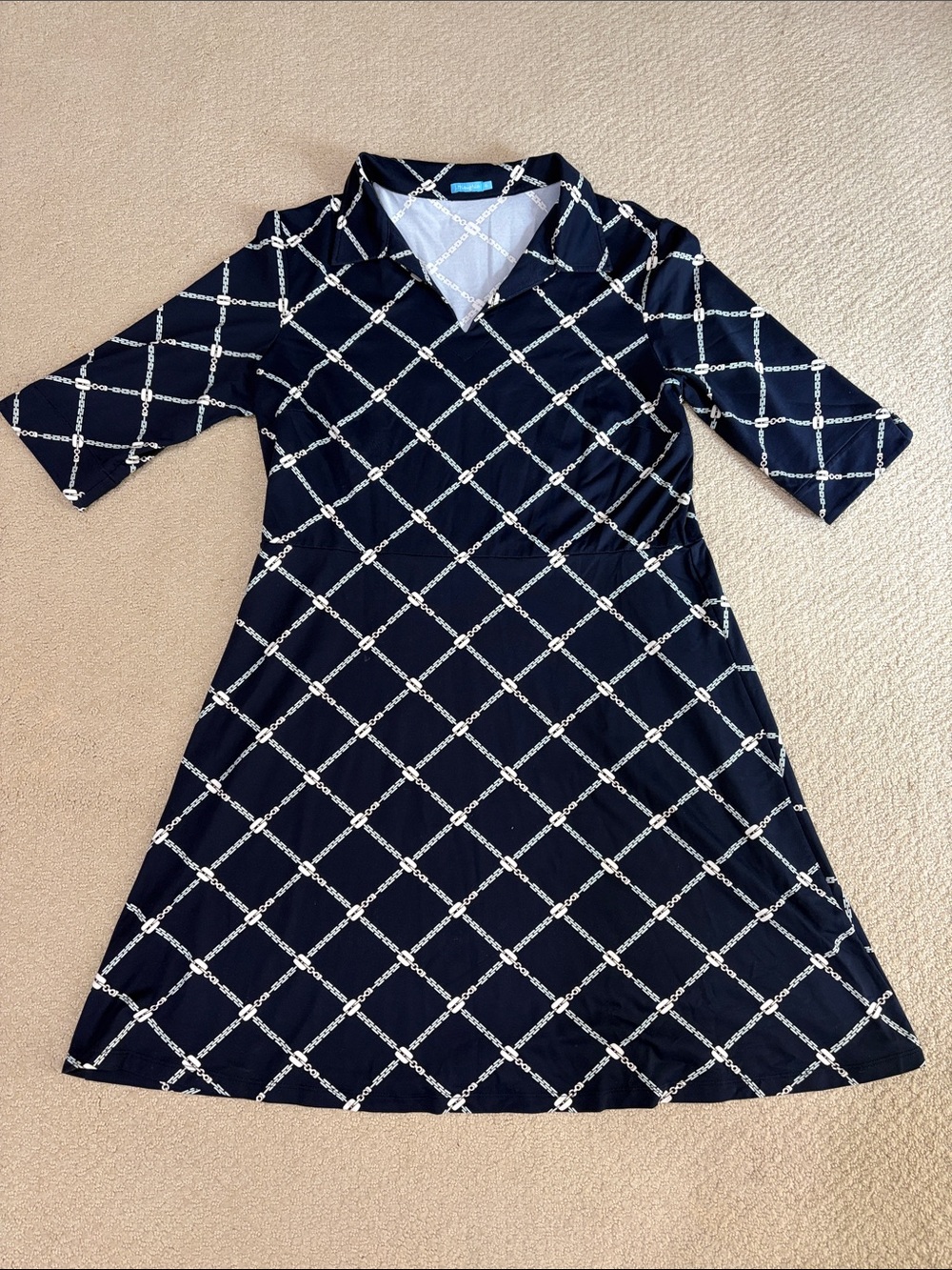 J. McLaughlin Navy Dress w/ White diamond-chain print